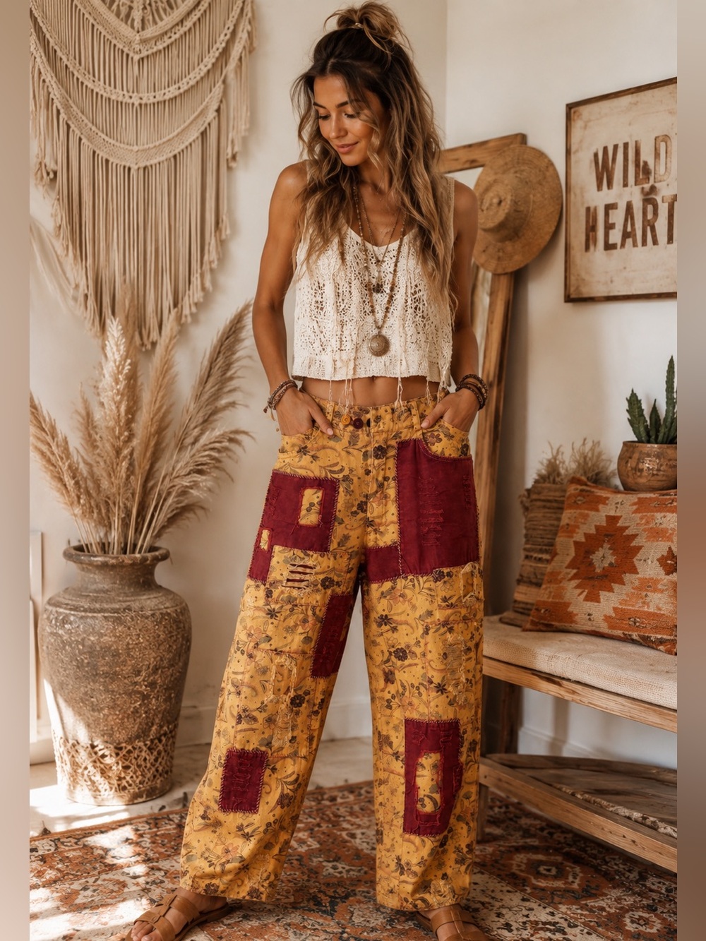 NWT Blue Velvet Patchwork Barrel Pants L/XL — Boho Floral Mustard & Burgundy